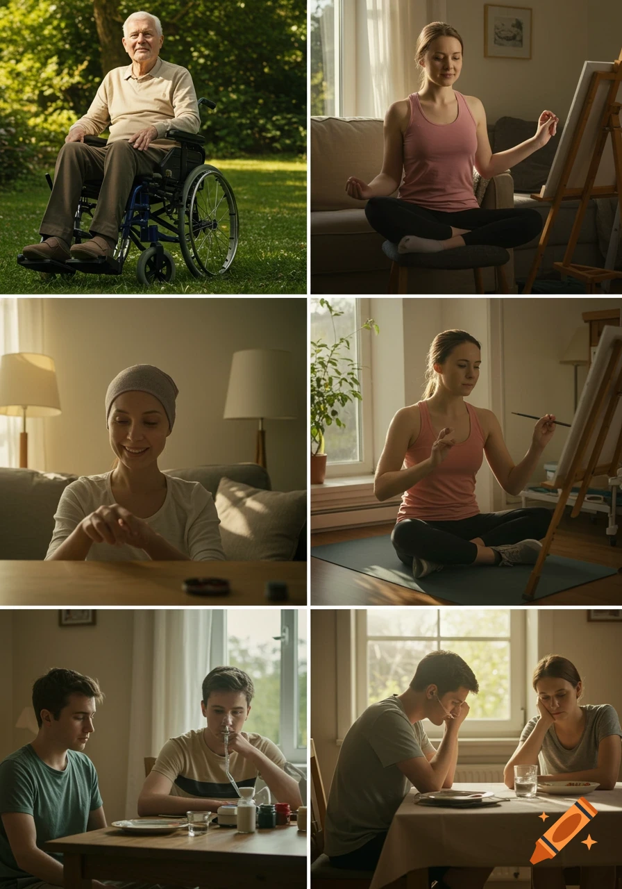 A grid of six photorealistic images showing diverse people in various health and life situations, from elderly in wheelchair to young adults.