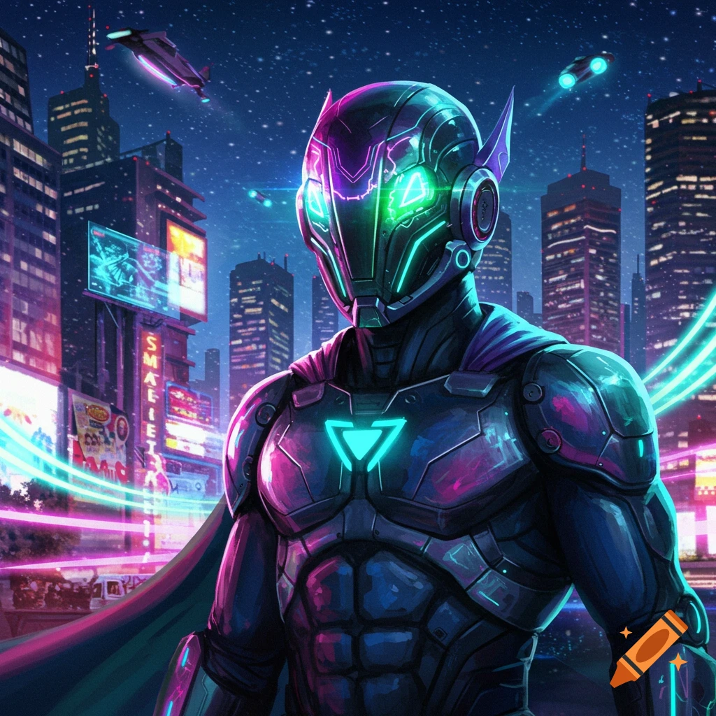 A superhero in dark, glowing futuristic armor and helmet stands in a vibrant neon-lit cyberpunk city at night with flying vehicles.
