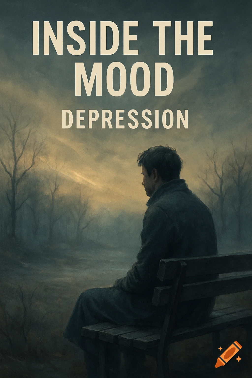 A man sits alone on a dark park bench amidst bare trees in a foggy, gloomy environment. Text reads "INSIDE THE MOOD DEPRESSION".
