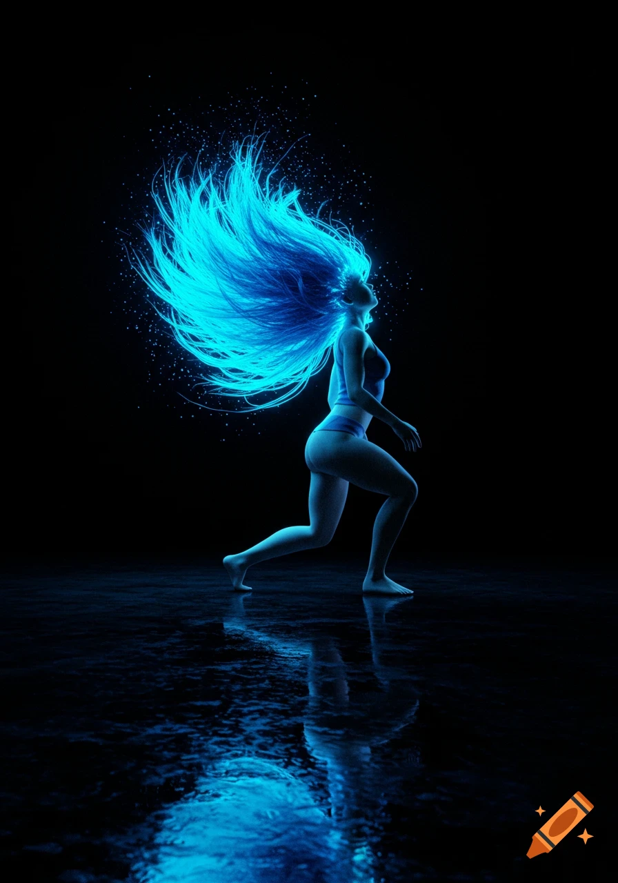 A woman with glowing blue flame hair in a dynamic pose on a reflective dark surface.