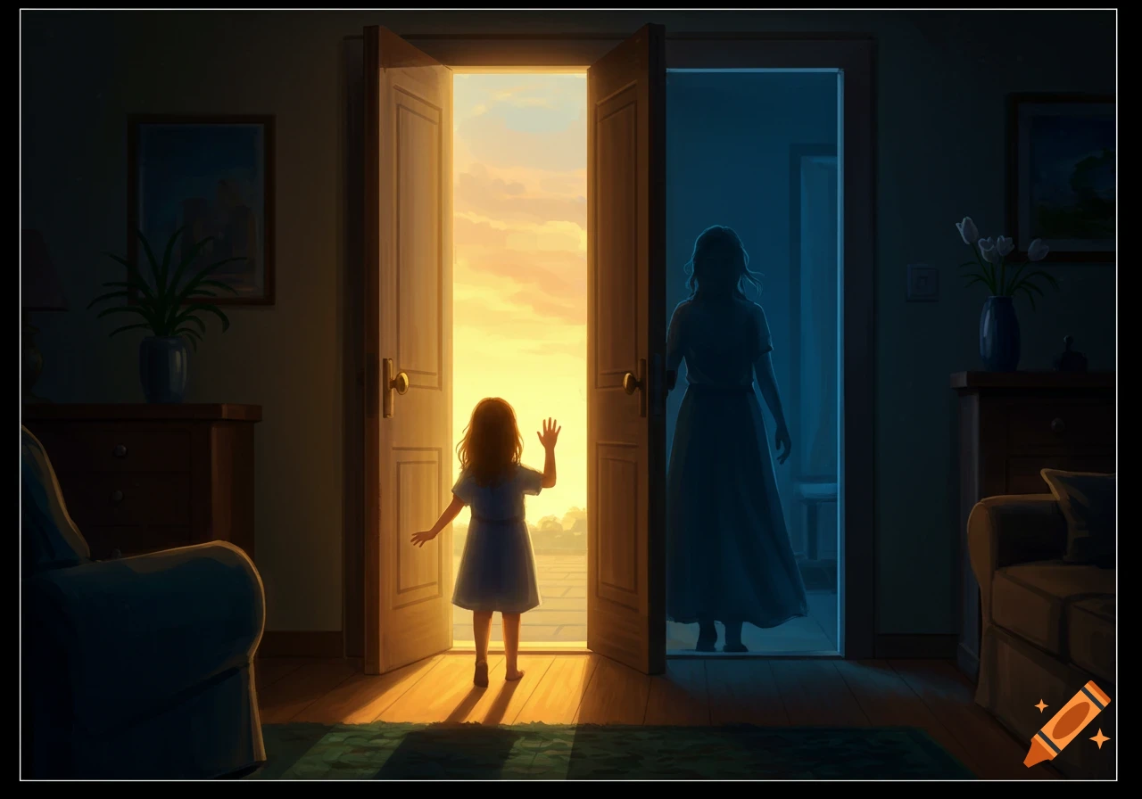 A small child waves from a golden-lit doorway, looking back towards the dark silhouette of a woman standing in another doorway, in an illustrative style.