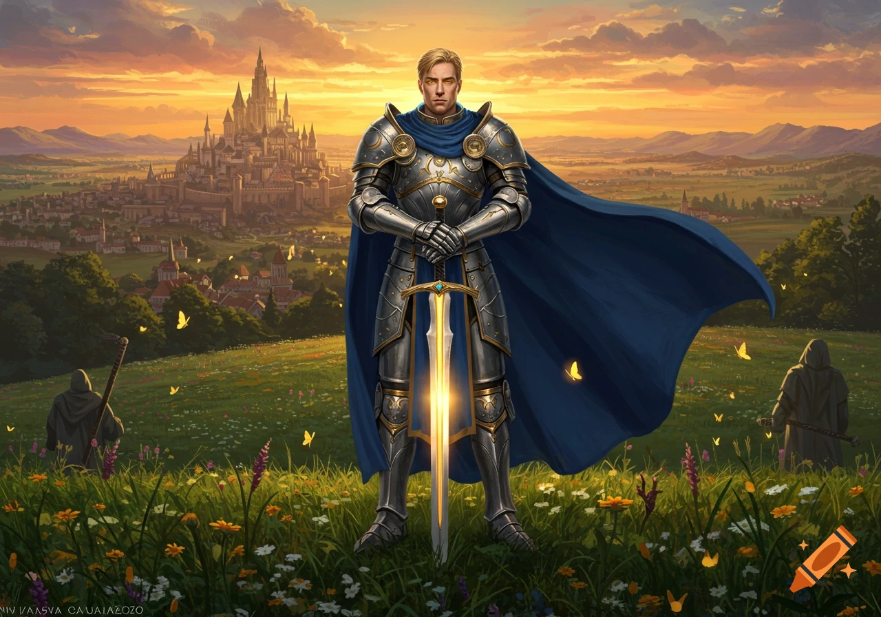 A valiant knight in shining armor stands in a wildflower field with a glowing sword, a majestic castle at sunset in the background.
