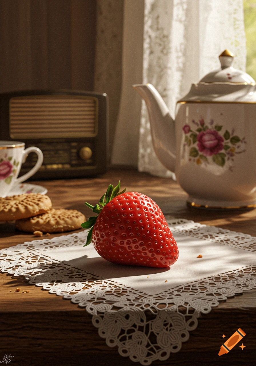 A photorealistic close-up of a bright red strawberry on a white doily, with a vintage teapot, teacup, cookies, and an antique radio blurred in the background, bathed in sunlight.