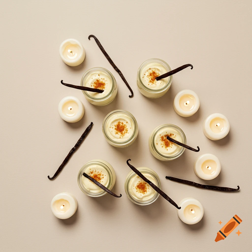 Top-down view of six vanilla desserts in jars with vanilla beans and lit candles on a light background, photorealistic.