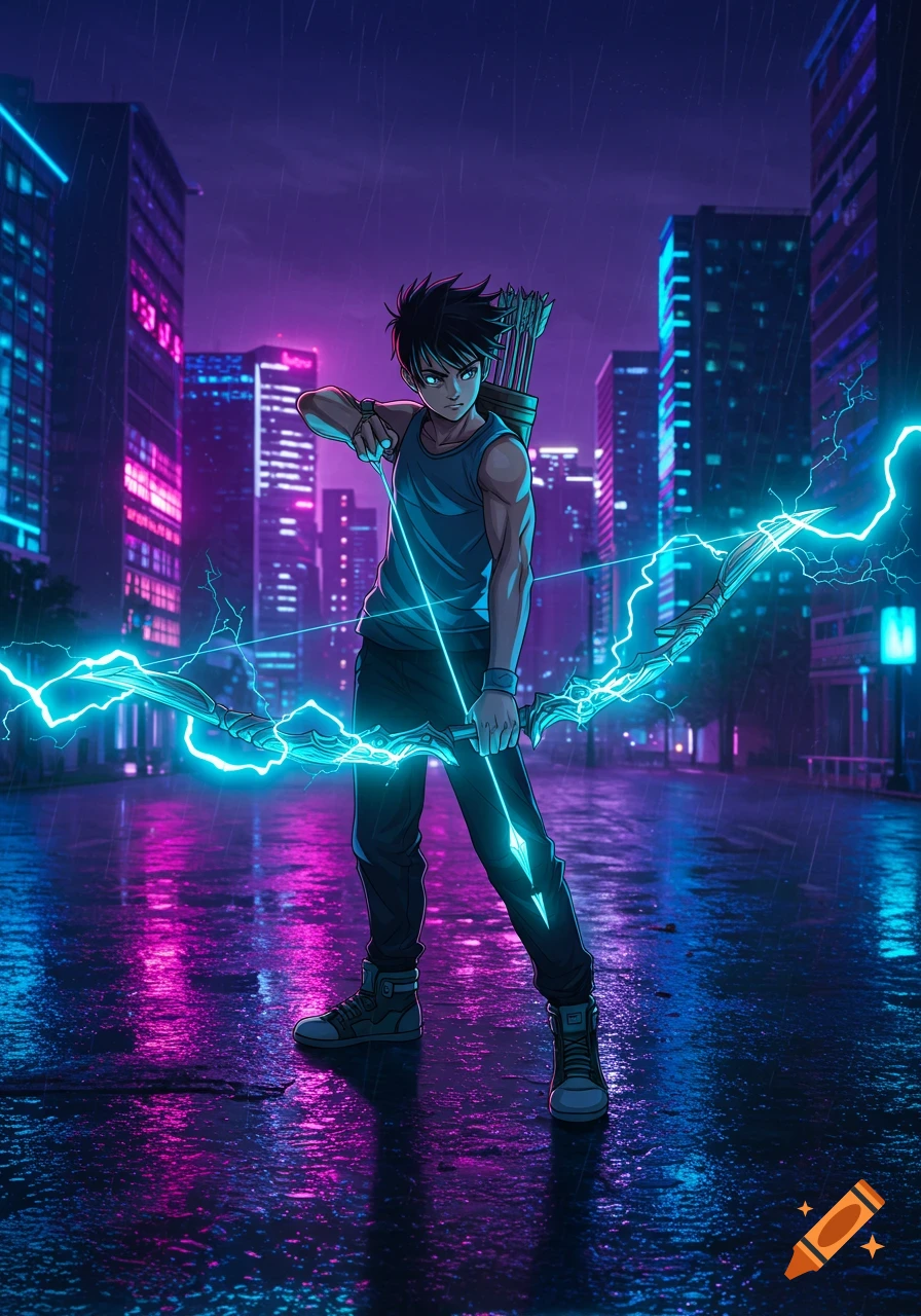 An anime boy with a glowing blue bow and arrow stands in a neon cyberpunk city street during a rainy night.