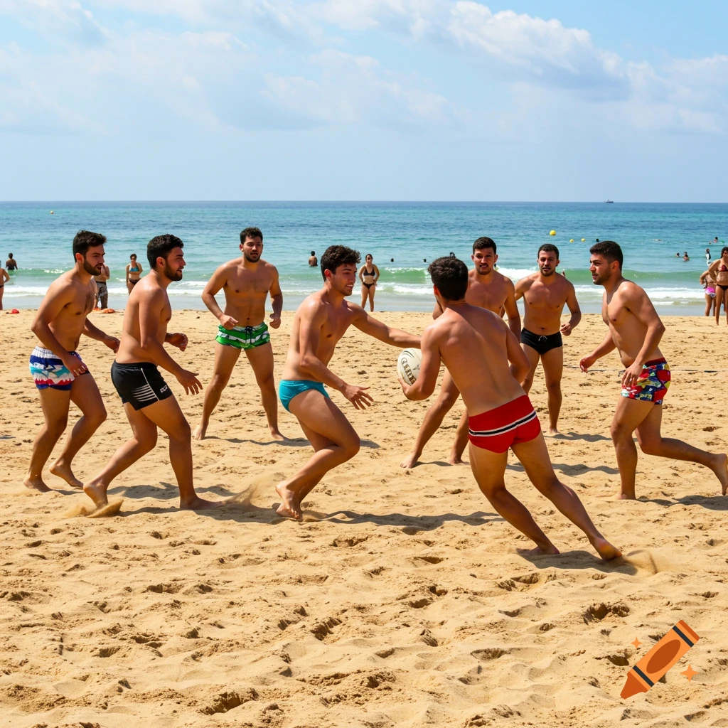 Several shirtless men in swim briefs play rugby on a sandy beach by the ocean under a clear blue sky.