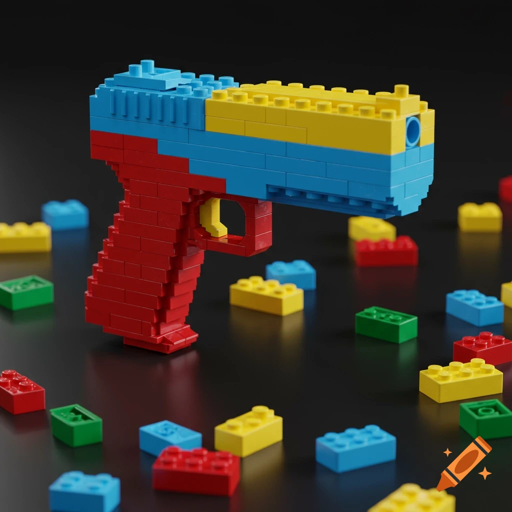 A colorful toy pistol made from red, blue, and yellow LEGO bricks, surrounded by scattered loose bricks on a dark surface.
