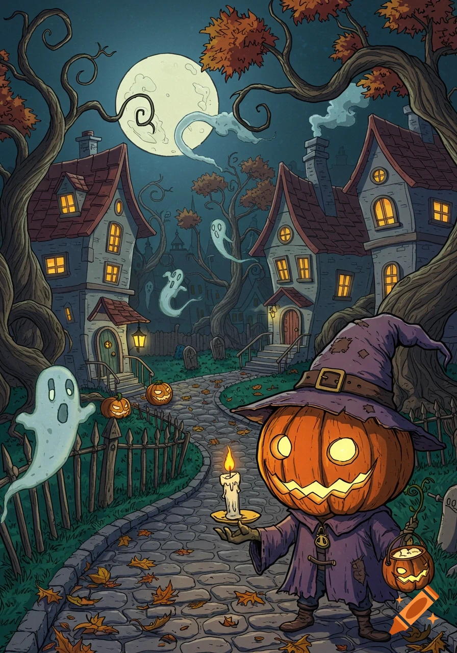 Cartoon Halloween scene: pumpkin character in witch hat holds a candle on a path, surrounded by ghosts, spooky houses, and jack-o'-lanterns.