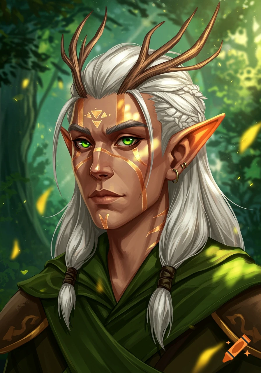 Animation style character portrait of a wood elf with white hair, green eyes, antlers, and golden face markings in a forest.