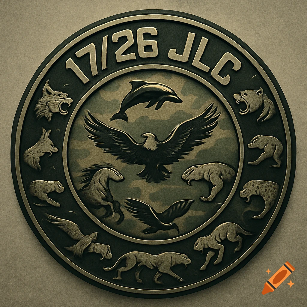 A circular military-style emblem with '17/26 JLC' text, a central eagle, and surrounding animals like a wolf, dolphin, and cougar.