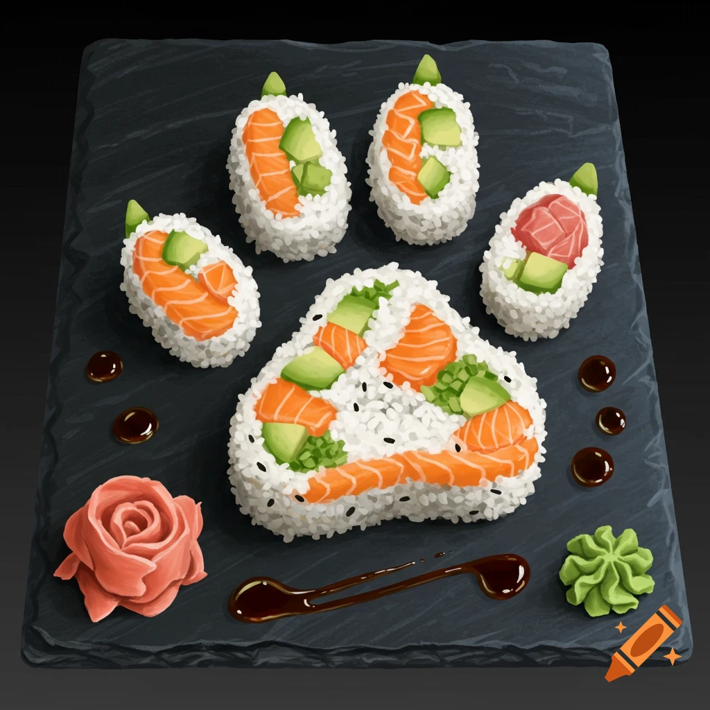 Stylized illustration of sushi rolls with salmon, avocado, and tuna, arranged in a paw shape on a dark slate board with ginger and wasabi.
