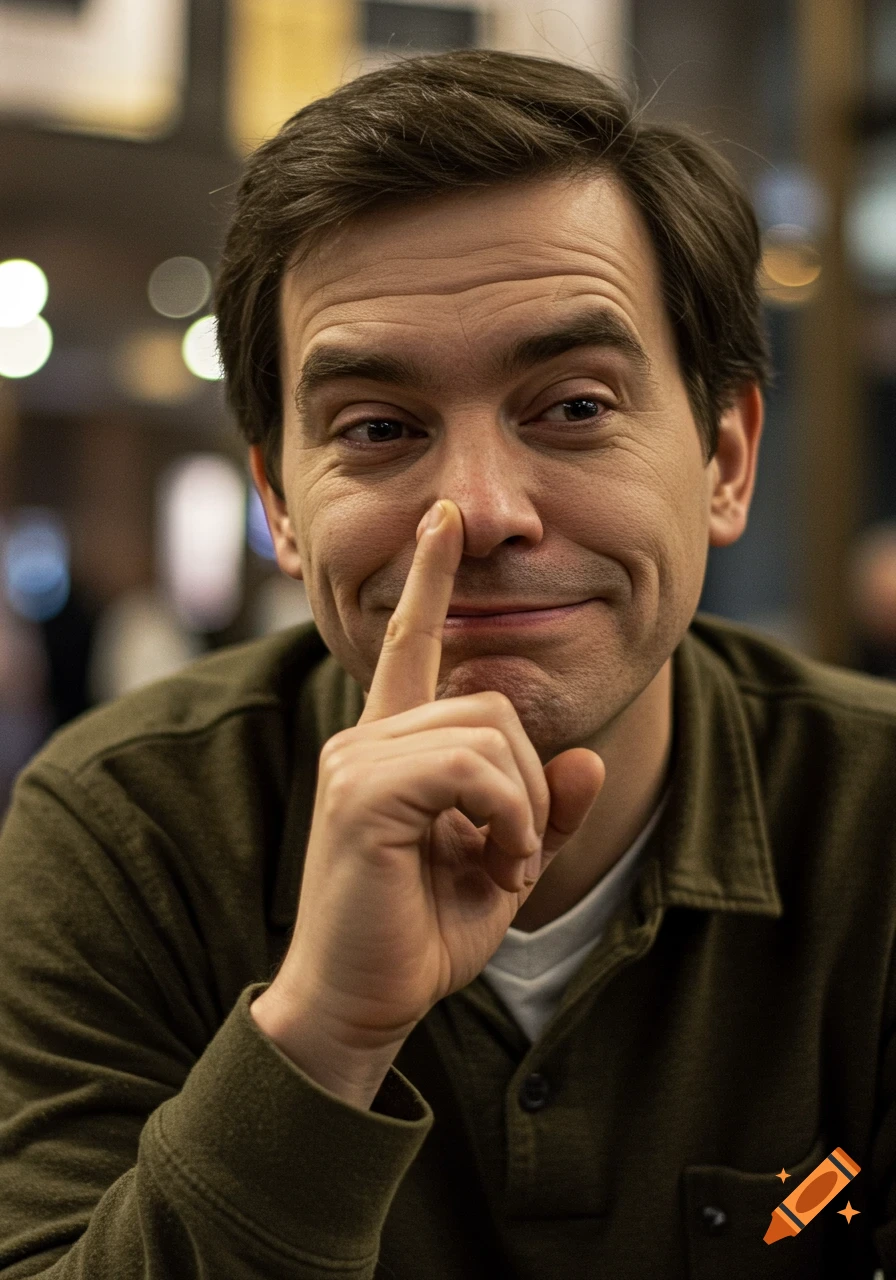 Close-up photo of a man in a green shirt, looking at the camera with a wry smile, his finger in his nostril.