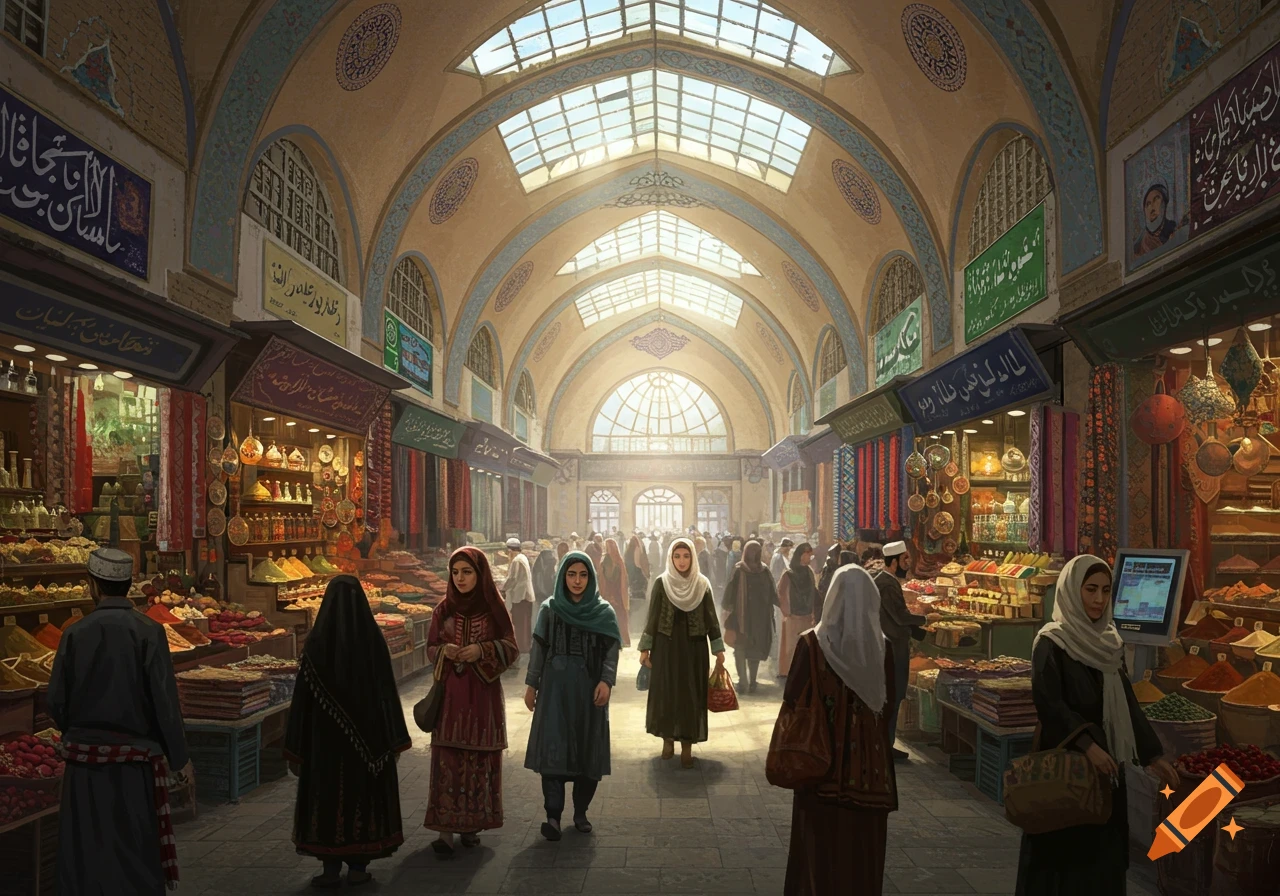 A vibrant, illustrative view of a crowded Middle Eastern bazaar with arched ceilings, skylights, and stalls laden with colorful spices and goods. People in traditional attire walk through the market.