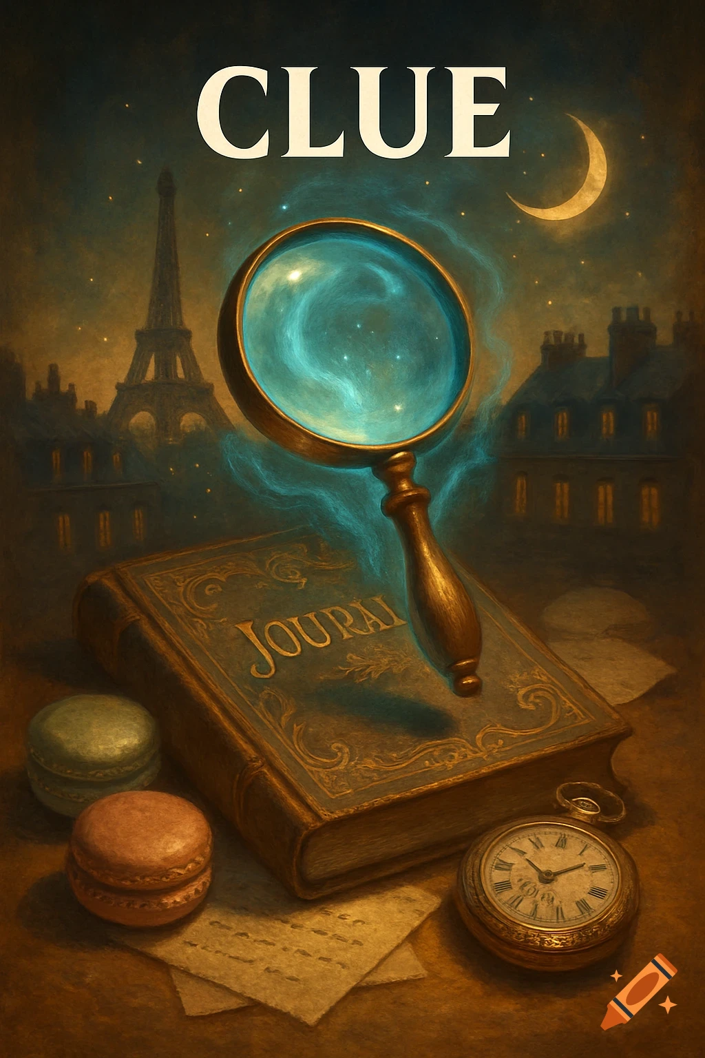 An ornate magnifying glass with a glowing, mystical center hovers over a vintage journal. Parisian rooftops and the Eiffel Tower are in the background under a crescent moon, with macarons and a pocket watch nearby. Text reads "CLUE" at the top.