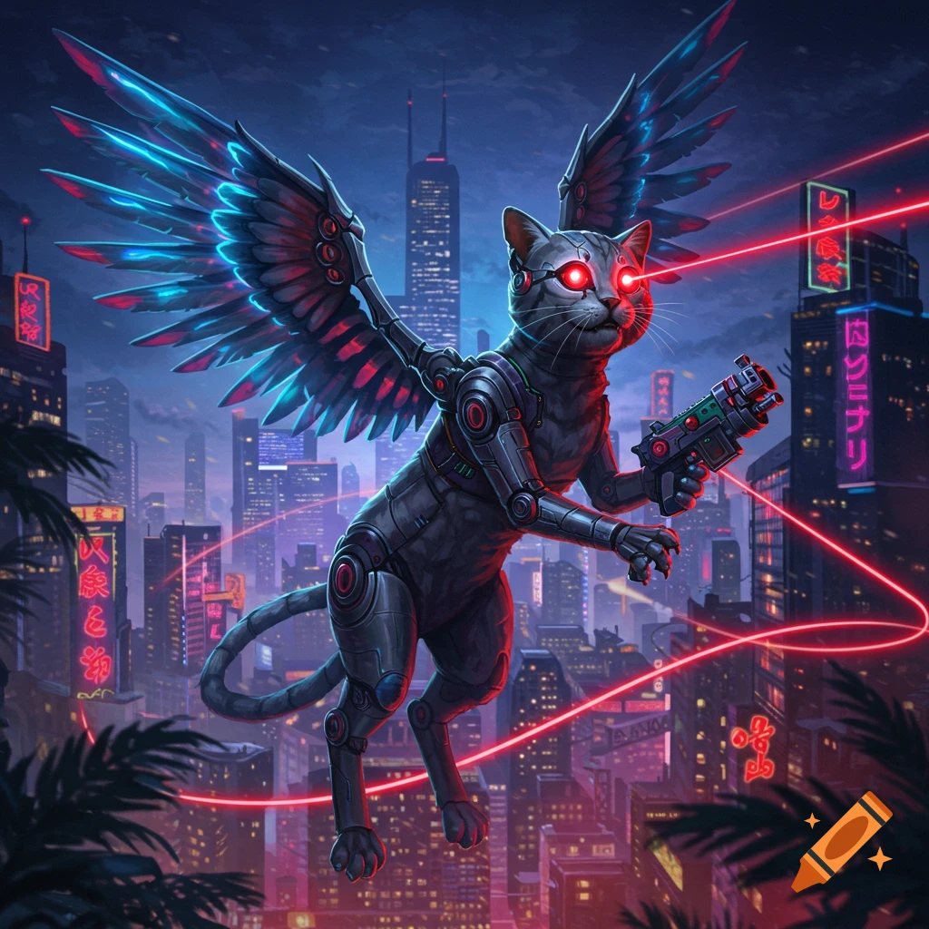 A cybernetic cat with glowing red eyes, mechanical wings, and a gun flies over a neon-lit cyberpunk city.