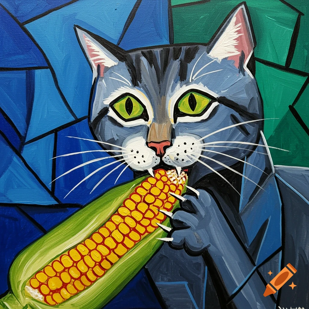 A cubist painting of a gray cat with green eyes eating a large ear of corn against a blue and green geometric background.