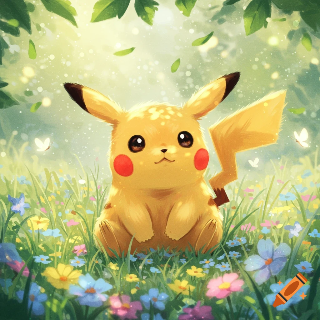 A cute, fluffy Pikachu with red cheeks sits happily in a vibrant field of colorful flowers under green leaves, digital painting style.