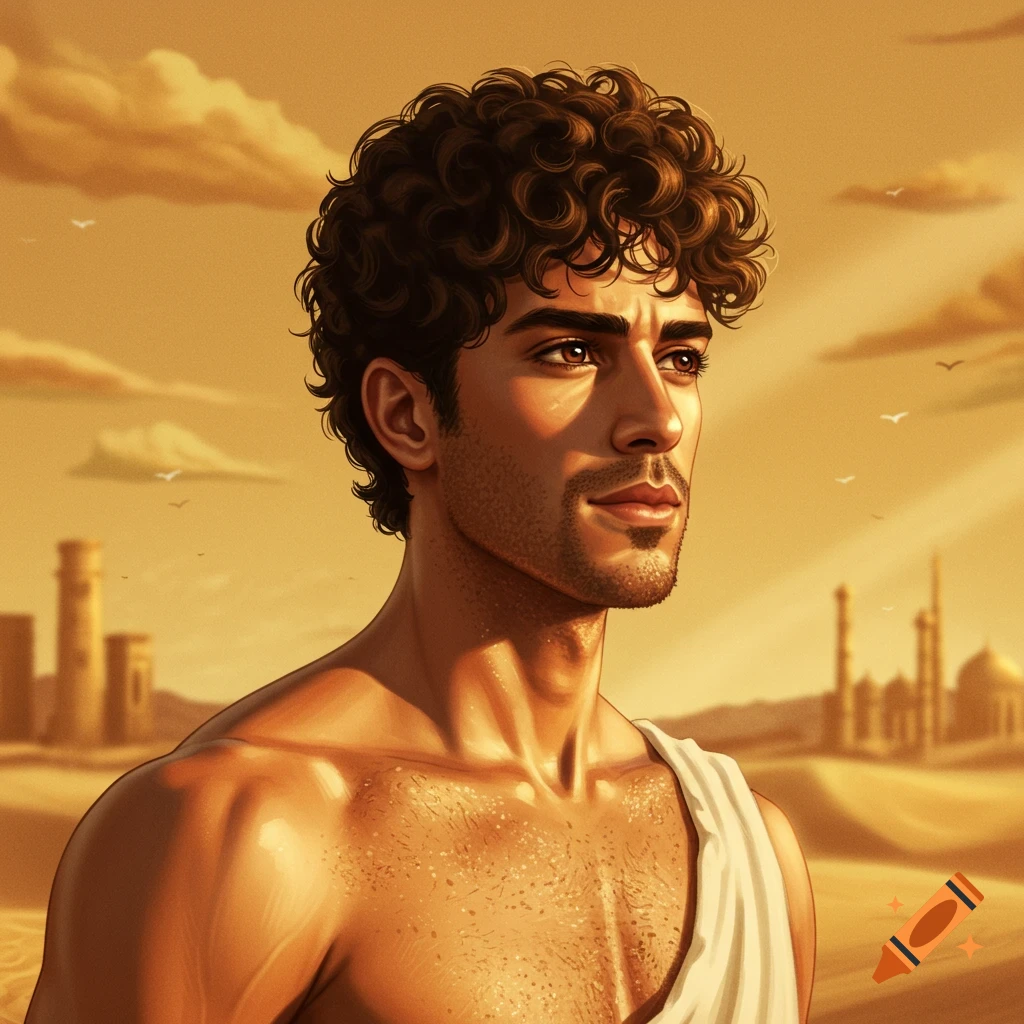 An illustrated portrait of a handsome man with dark curly hair and brown eyes, shirtless in a sun-drenched desert with ancient buildings.