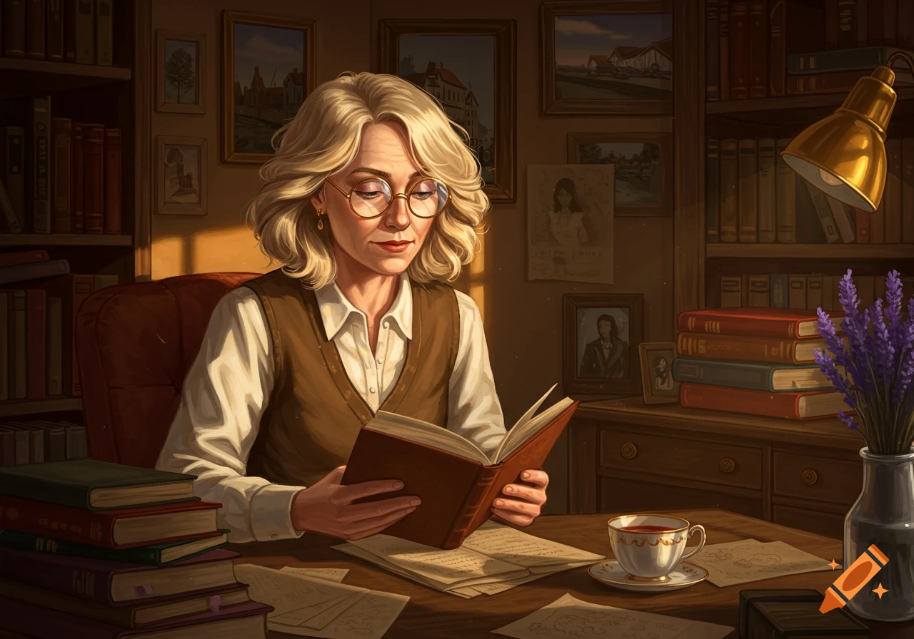 A middle-aged woman with blonde hair and round glasses reads a book at a wooden desk, surrounded by books, a teacup, and a vase of lavender, illuminated by warm light.