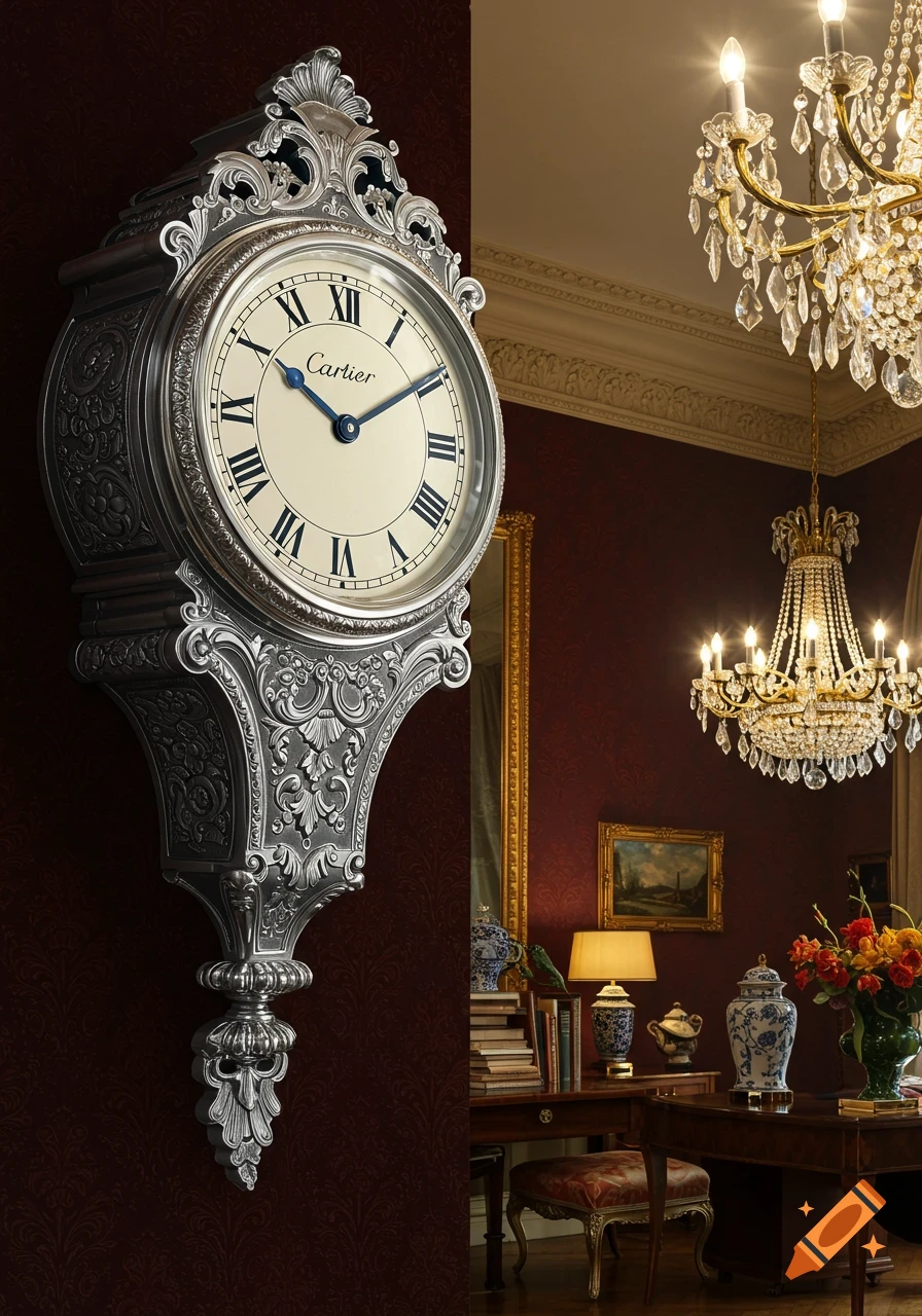 A silver ornate wall clock with Roman numerals and the Cartier logo, hangs on a red wall in a luxurious room with crystal chandeliers.