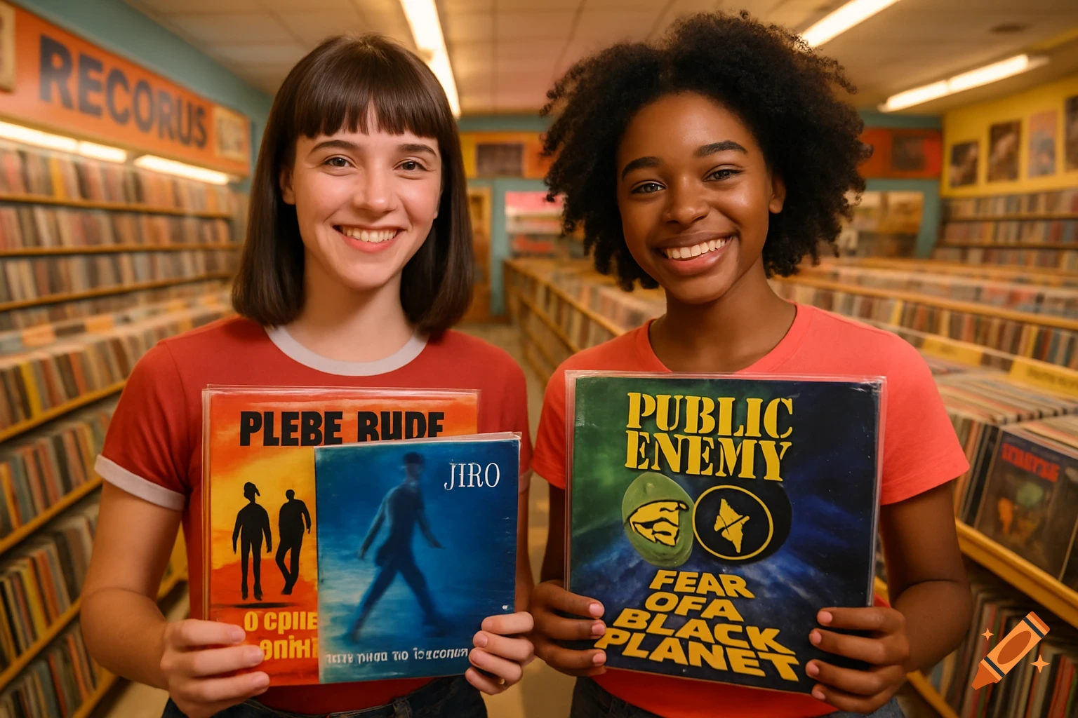 Two smiling young women hold vinyl records in a retro-style record store filled with shelves of albums.