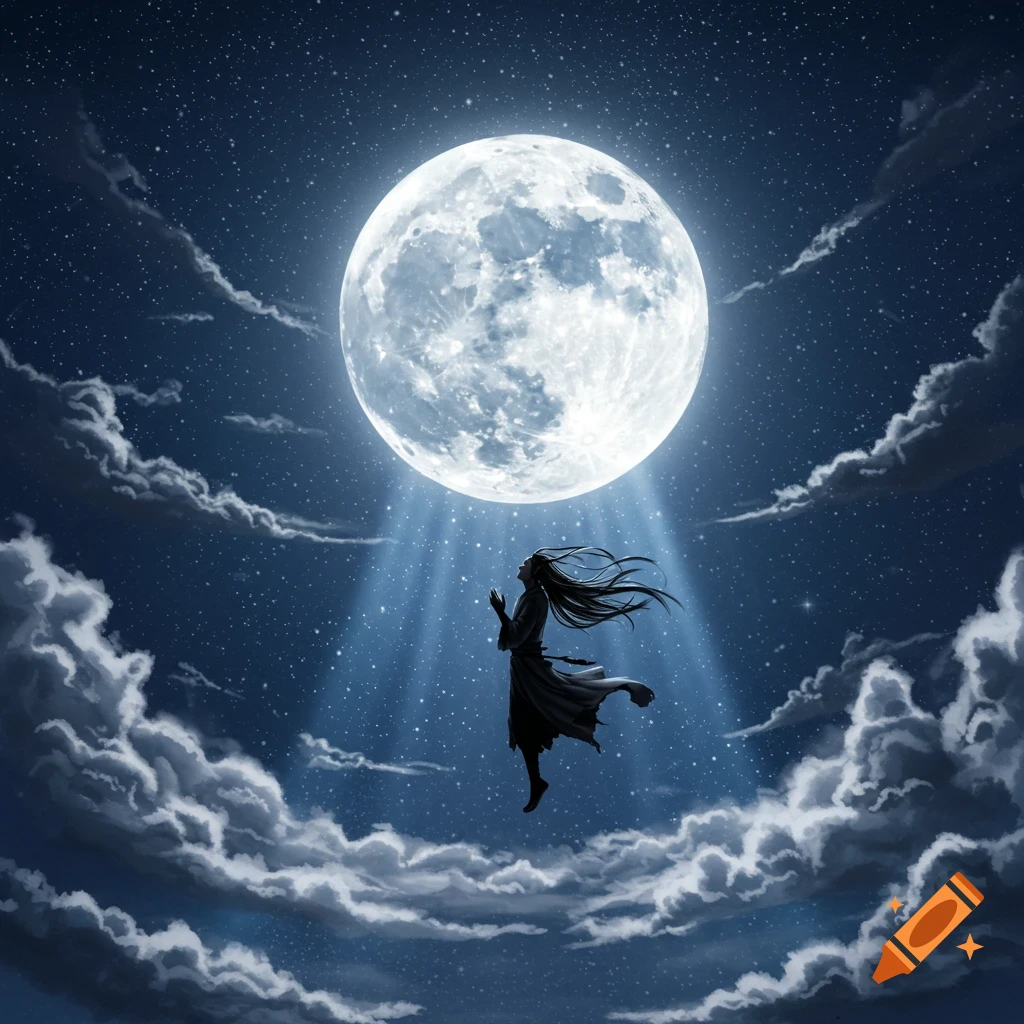 A silhouetted figure with long flowing hair floats beneath a large full moon, with light rays extending from the moon through a starry night sky with clouds.