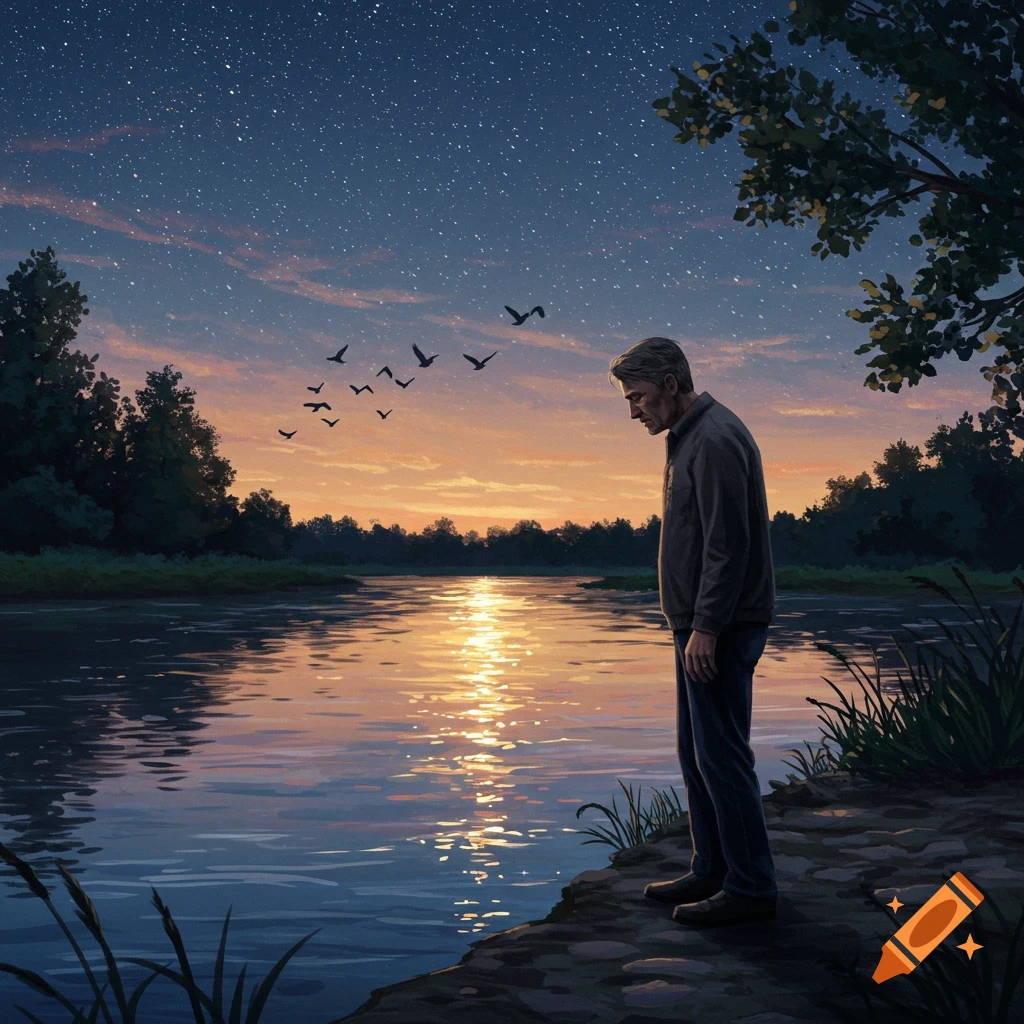 A man stands contemplatively by a river at sunset, with a starry sky and birds flying, in a digital painting.