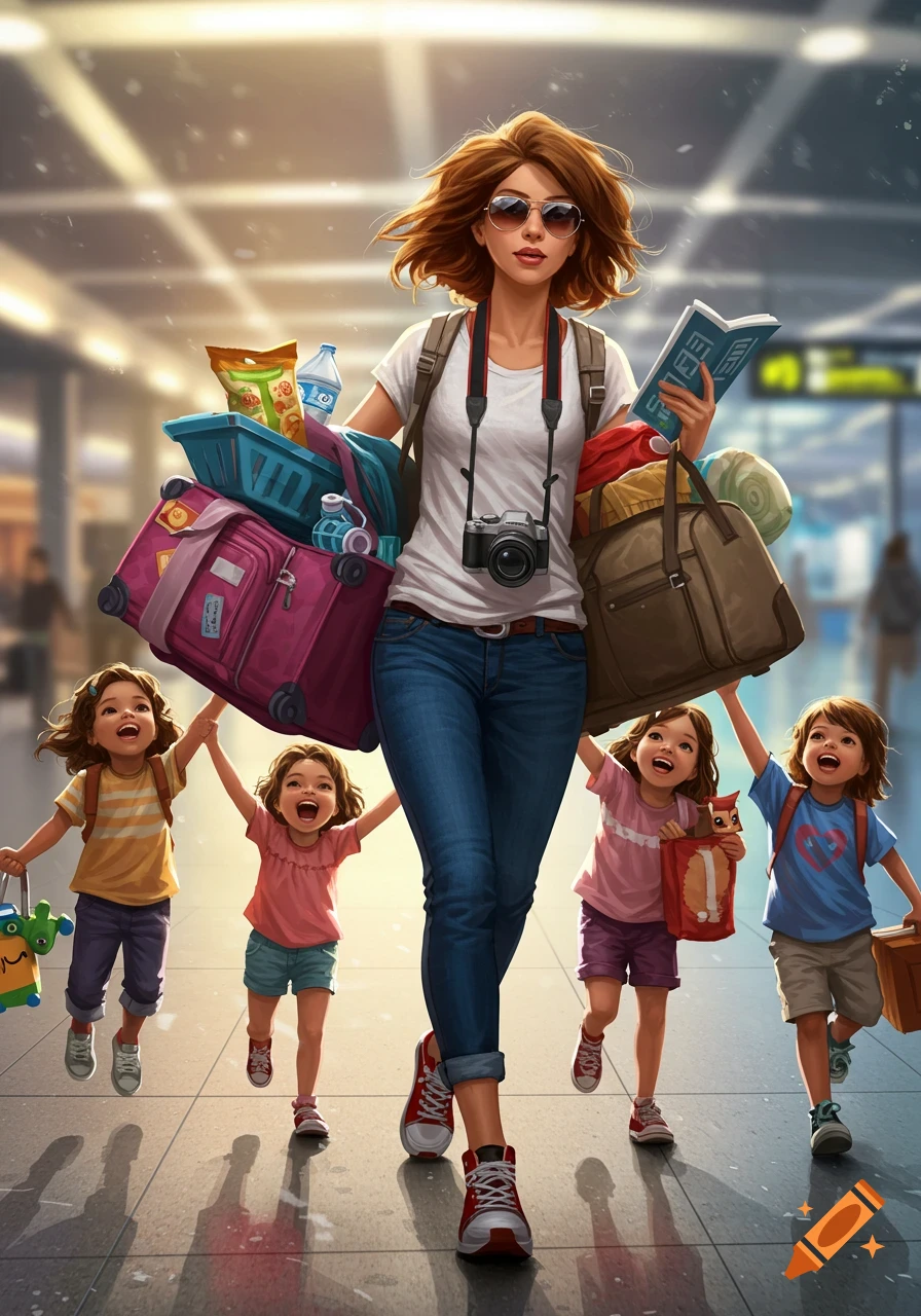 A mother with sunglasses, carrying multiple large bags and a camera, walks through an airport with her four excited children running alongside her. Stylized digital art.