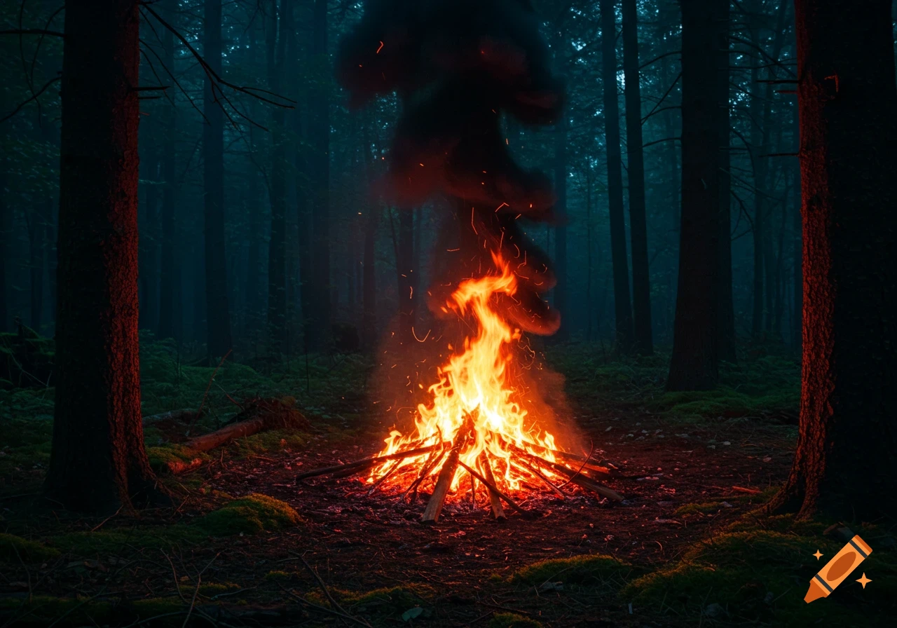 A bright campfire blazing in a dark, misty forest at night, with sparks flying and smoke rising into the trees.
