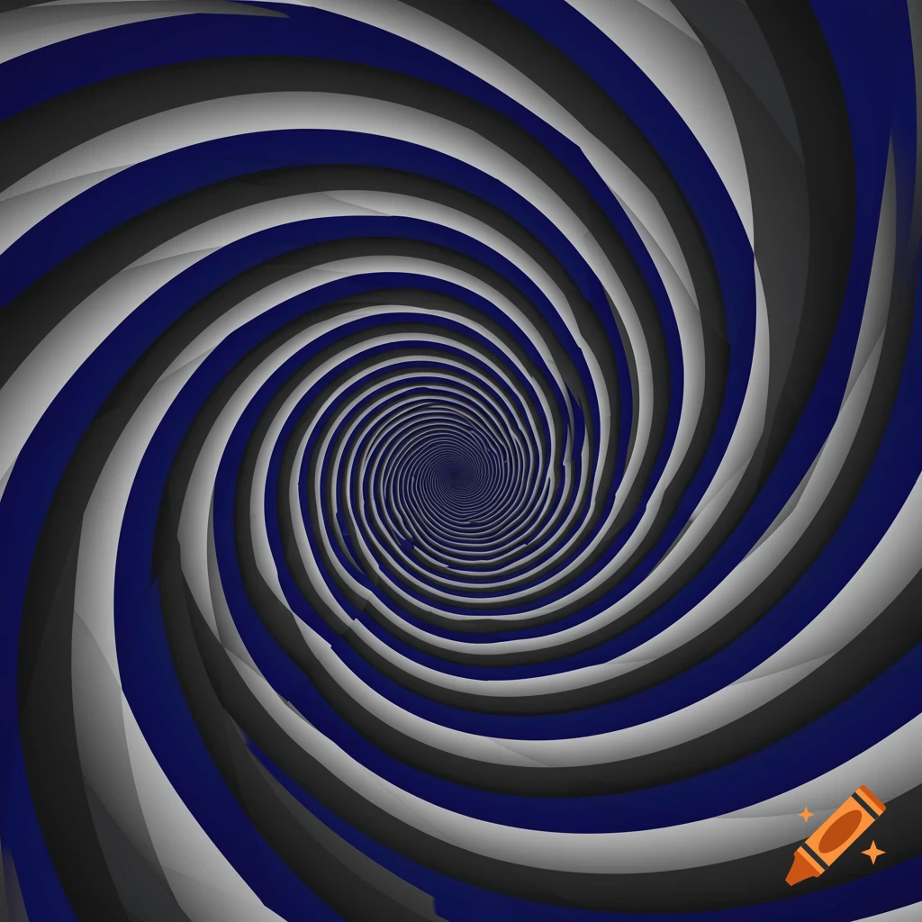 An abstract optical illusion featuring a swirling spiral of blue, black, and white bands converging to a central point.