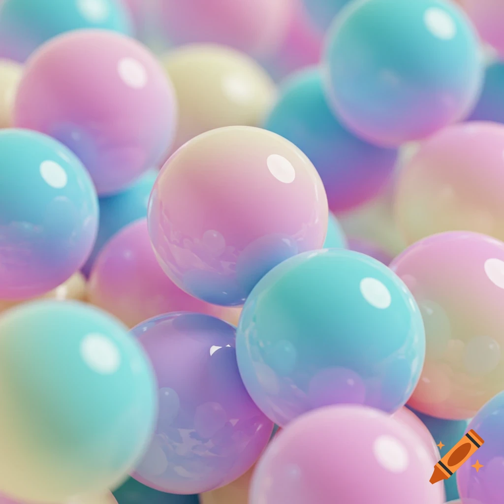 Numerous shiny spheres with pastel color gradients in pink, blue, purple, and yellow, filling the frame.
