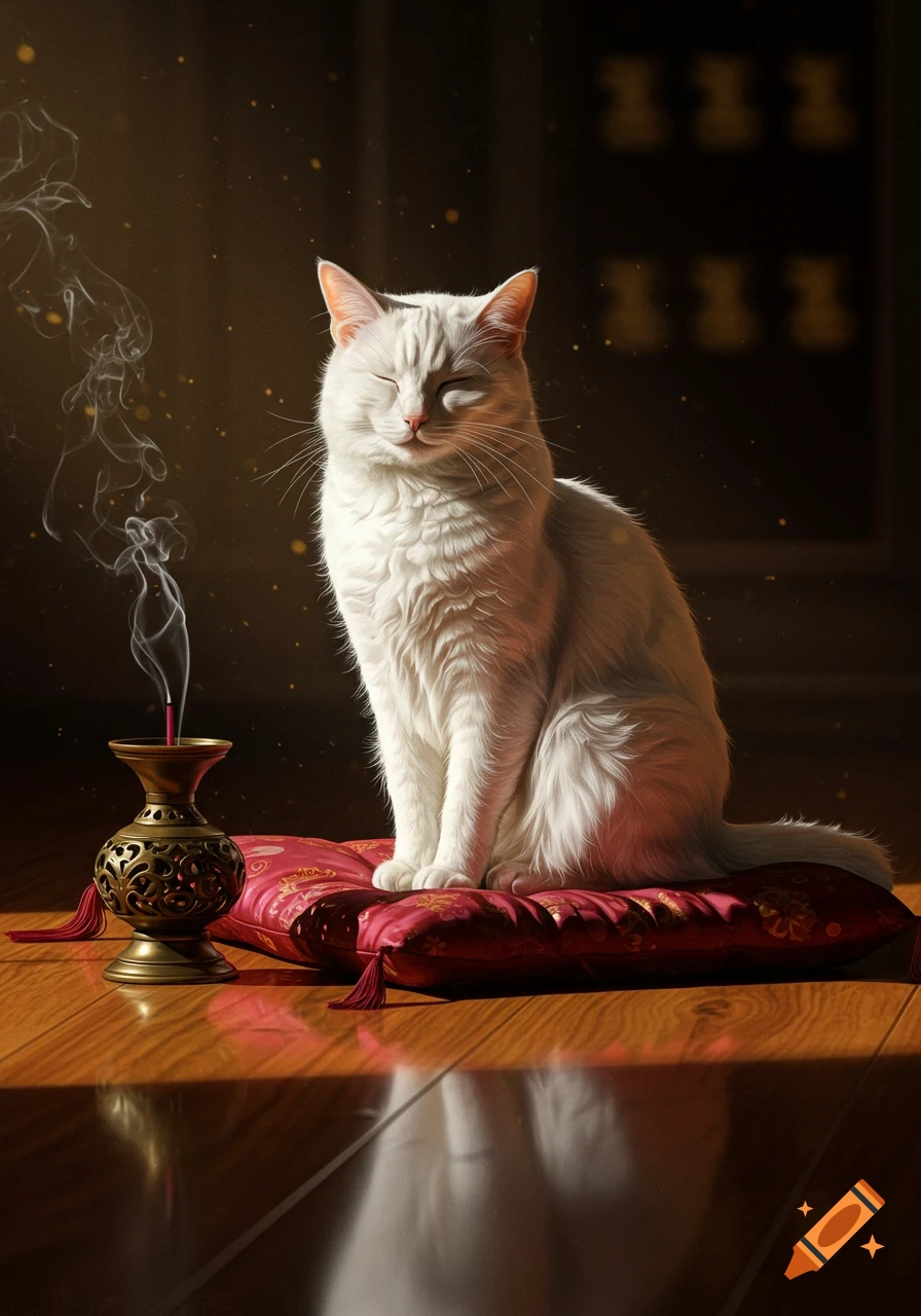 A serene white cat meditates on a red cushion beside a smoking ornate incense burner on a wooden floor, bathed in warm light.