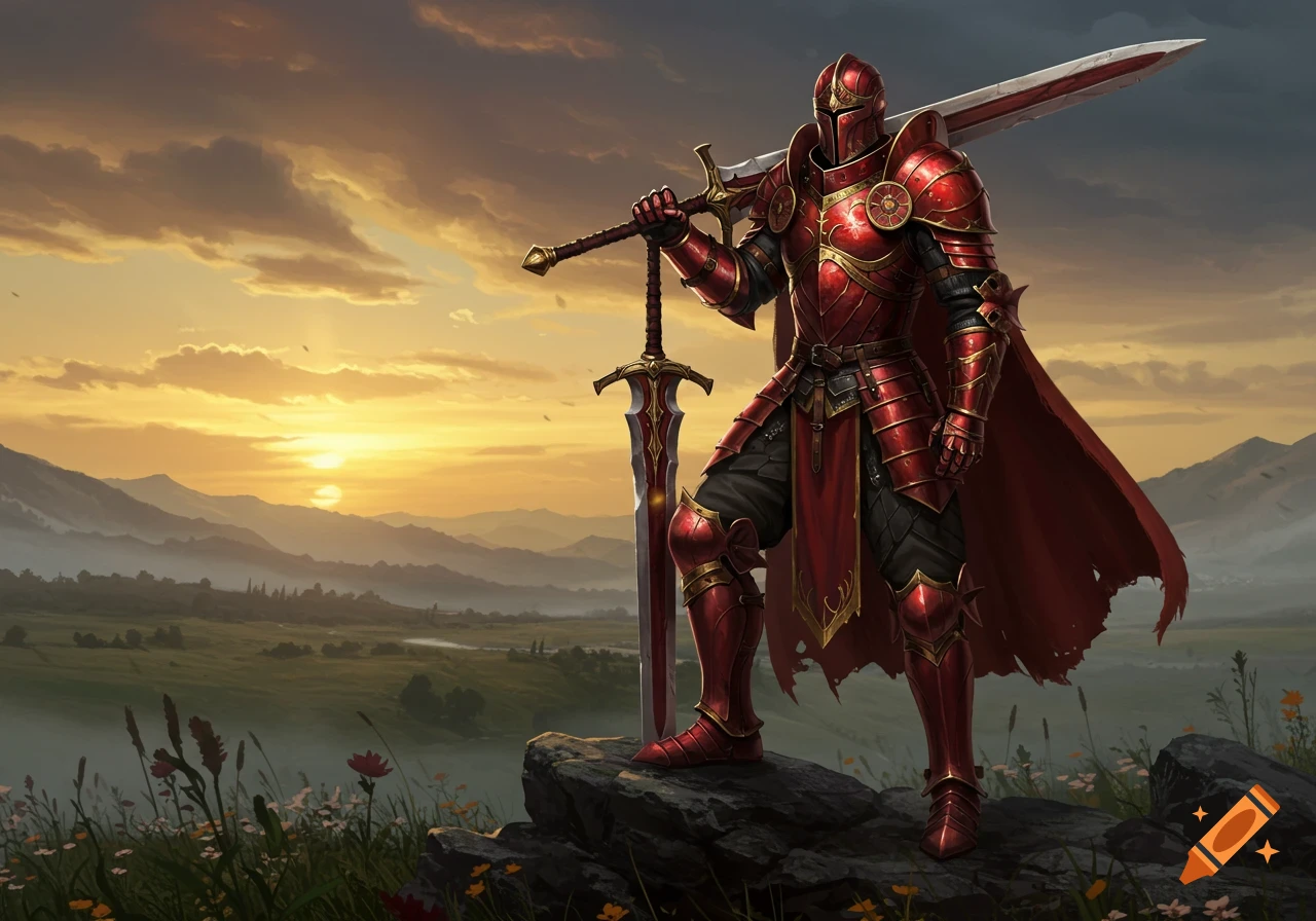 A majestic knight in red and gold armor holds a greatsword, standing on a rocky outcrop overlooking a misty valley at sunset.