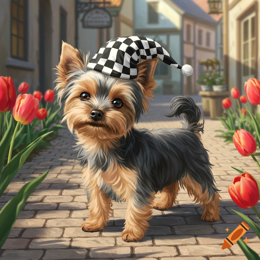 An adorable Yorkshire Terrier in a checkered jester hat on a cobblestone path with red tulips and a village background, illustration.