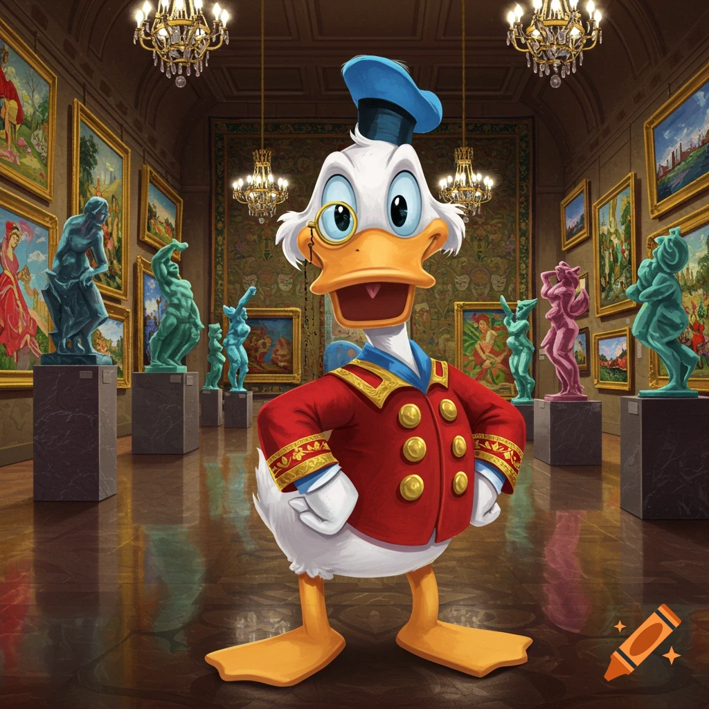 Scrooge McDuck, wearing a red uniform and a monocle, stands confidently in a grand art gallery filled with paintings and colorful statues.