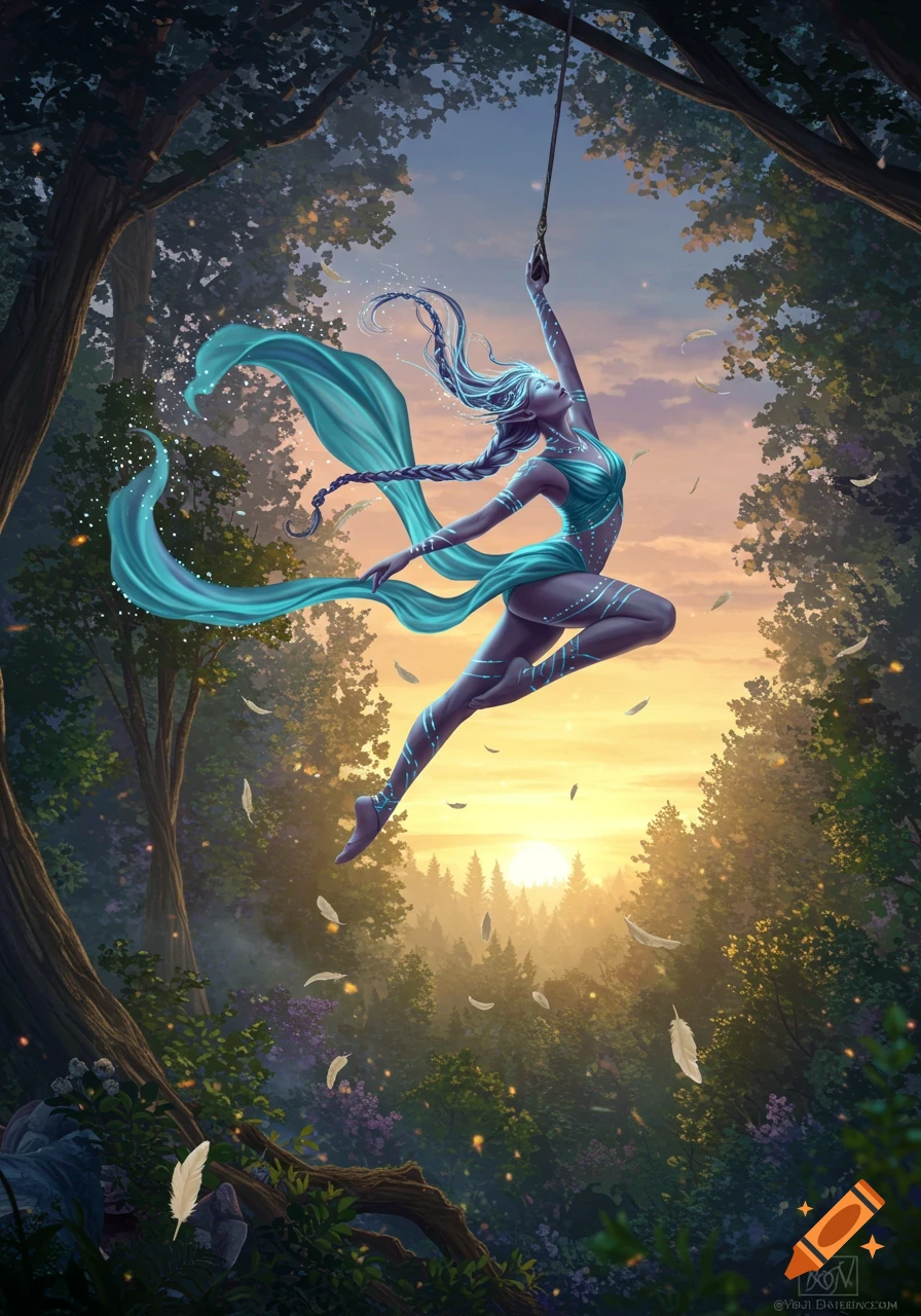 An elf woman swings on a rope, framed by forest trees against a vibrant sunset sky, with feathers falling.