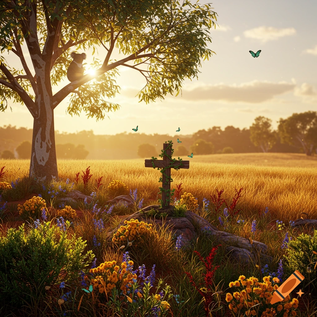 Photorealistic scene: A koala in a tree, sunlit field of wildflowers, and a vine-covered wooden cross at sunrise.