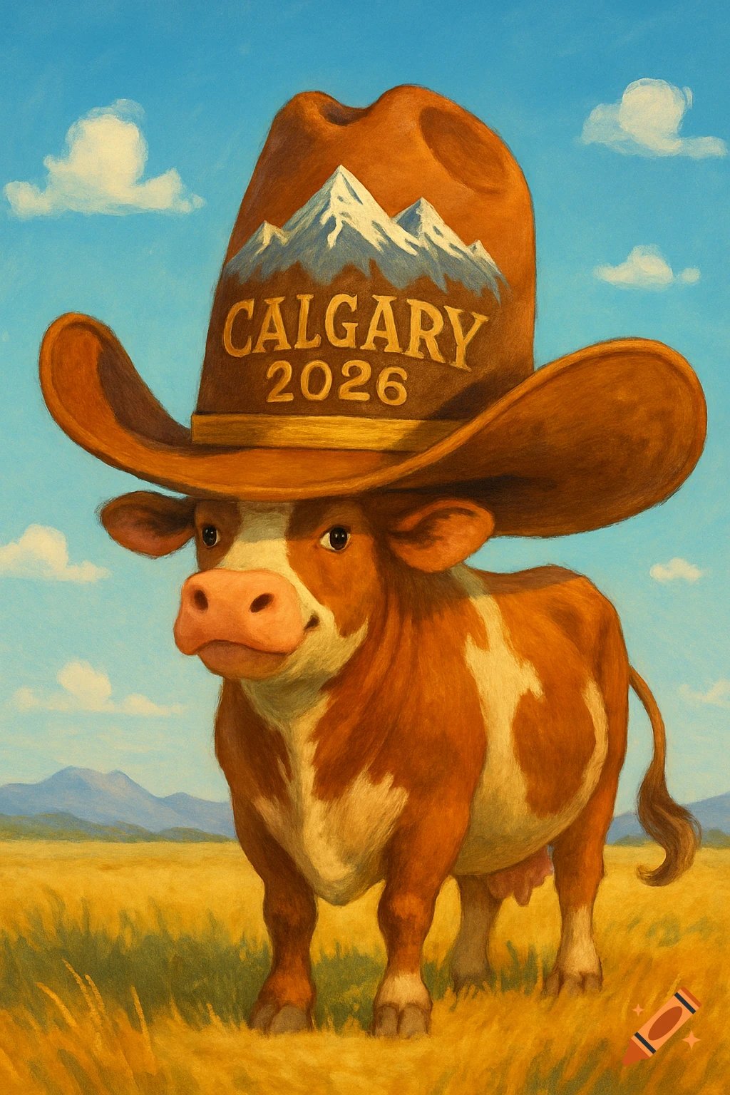 A cartoonish brown and white cow wears an oversized brown cowboy hat with white mountains and 'CALGARY 2026' on it, standing in a golden field.