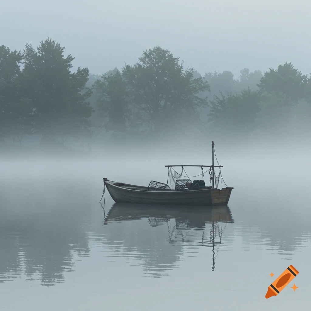 A fishing boat floats on calm, misty water with its reflection; blurred trees are in the background.