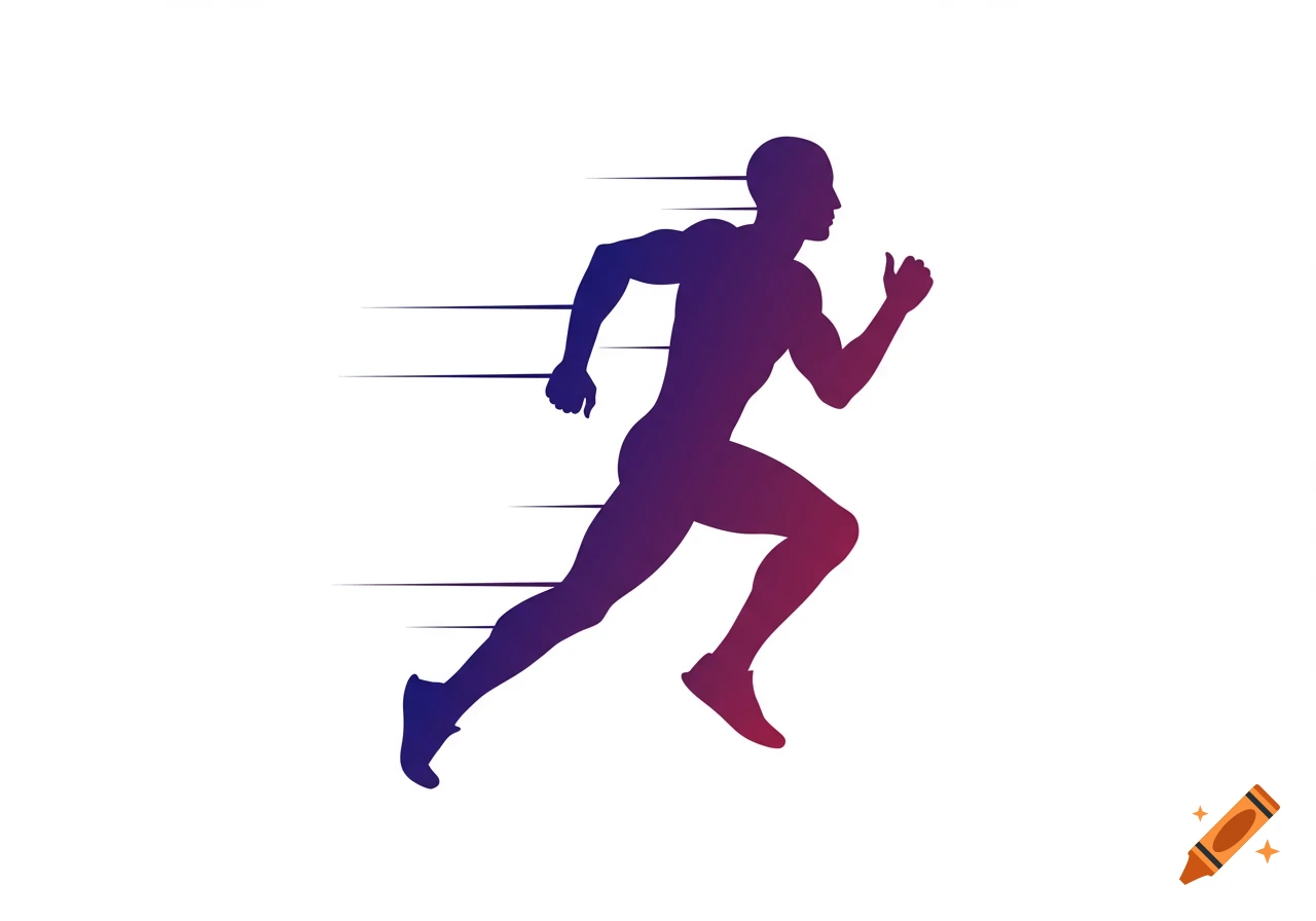 A stylized silhouette of a person running, rendered with a purple to blue gradient, with horizontal speed lines behind them on a white background.