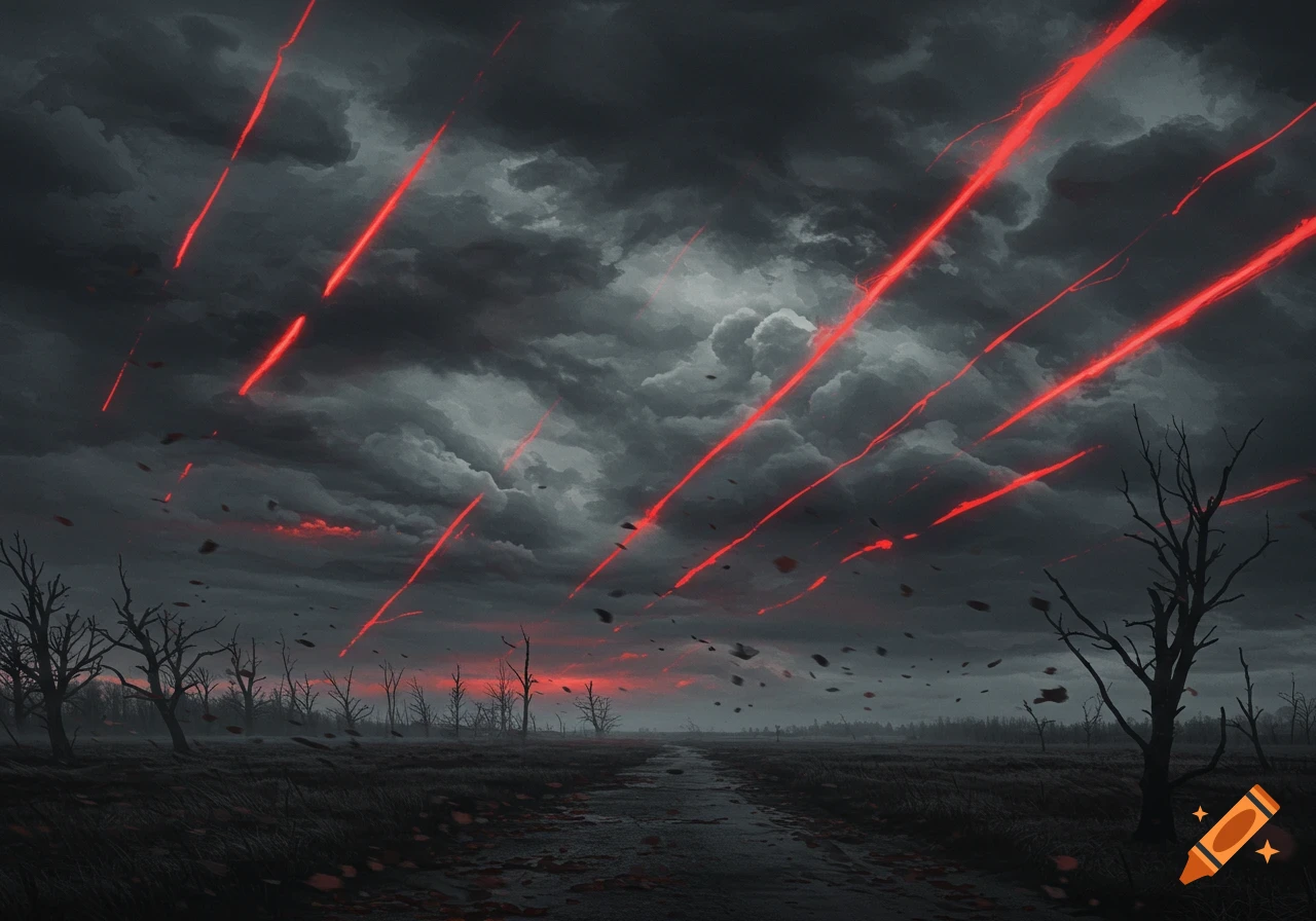 A dreary, overcast landscape with barren trees and bright red lines streaking across the dark sky.