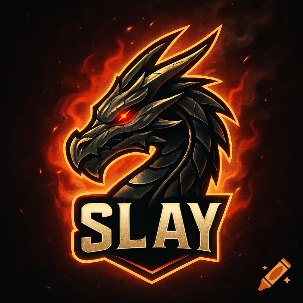 A stylized logo featuring a dark dragon's head with glowing red eyes, surrounded by orange flames, with the word "SLAY" in gold text below.