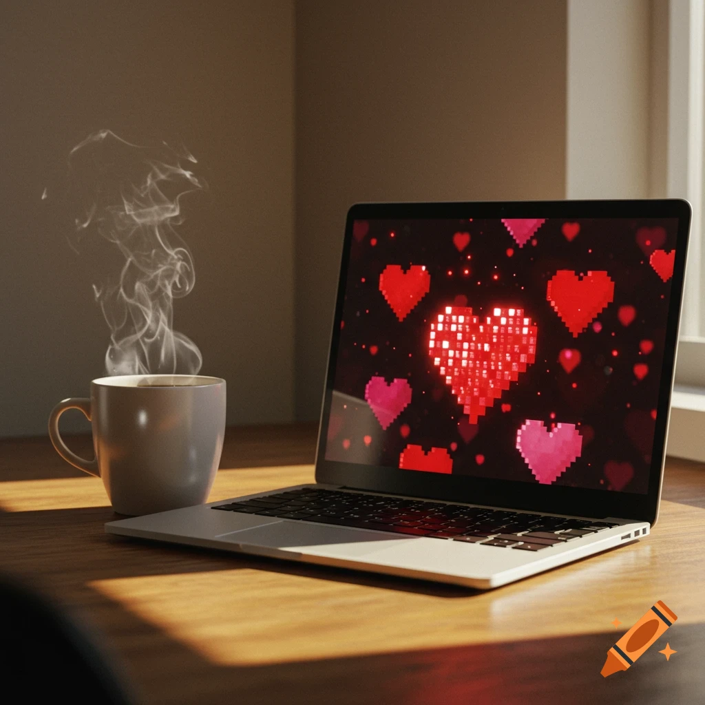 A steaming cup of coffee sits beside an open laptop on a wooden table, its screen displaying pixelated red and pink hearts.
