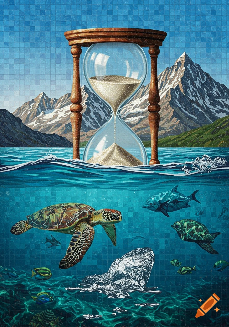 Mosaic art shows an hourglass above an ocean with mountains, transitioning to an underwater scene with a sea turtle, fish, and foil pollution.