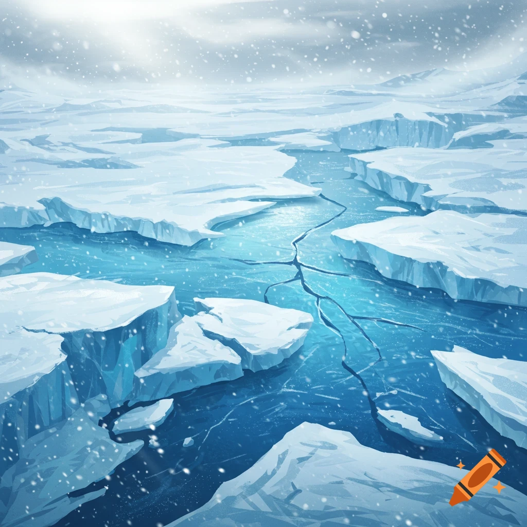 Aerial view of a vast, snowy arctic landscape with a river of cracked blue ice flowing between large white ice floes.