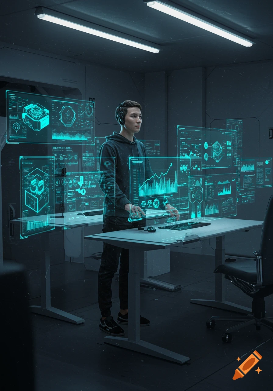A young man interacts with glowing blue holographic screens in a dark, futuristic tech lab, photorealistic style.