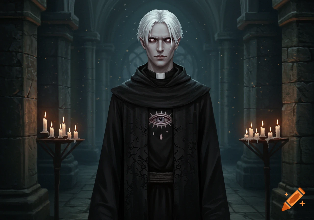 A solemn white-haired male priest in a black monk robe with a dripping eye symbol on his chest, standing in a dimly lit gothic temple with lit candles, in a detailed realistic art style.