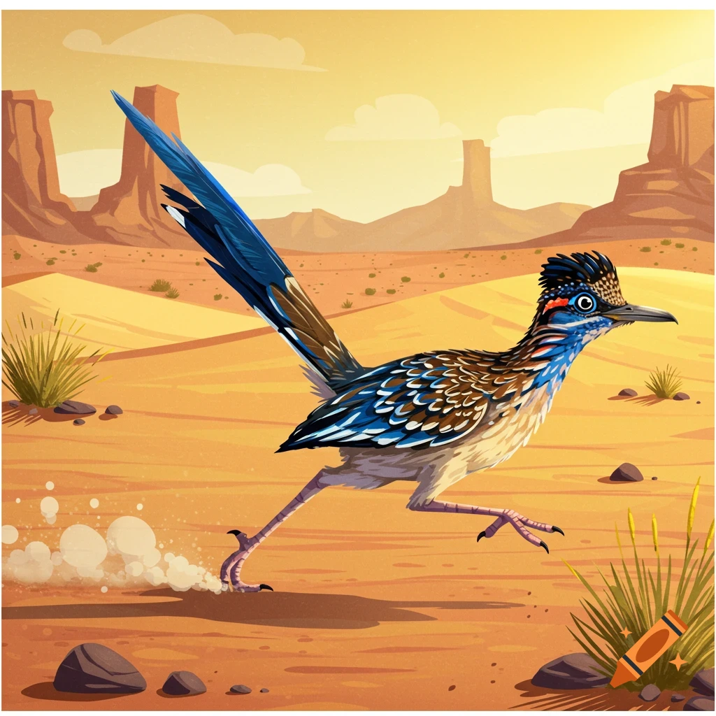 A vibrant illustration of a roadrunner running through a desert landscape with mesas and sand.