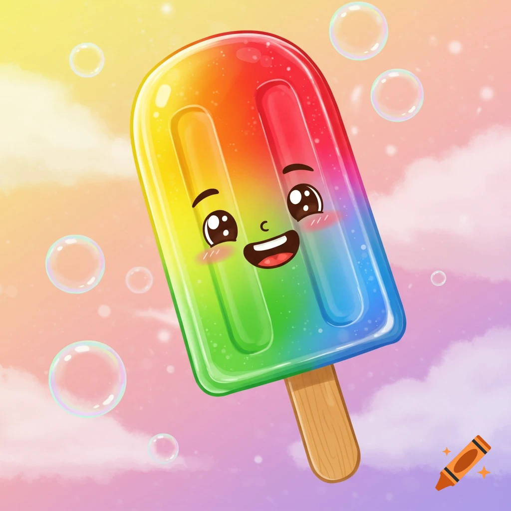 Happy rainbow-colored popsicle with a smiling face and blush, surrounded by bubbles against a pastel sky.