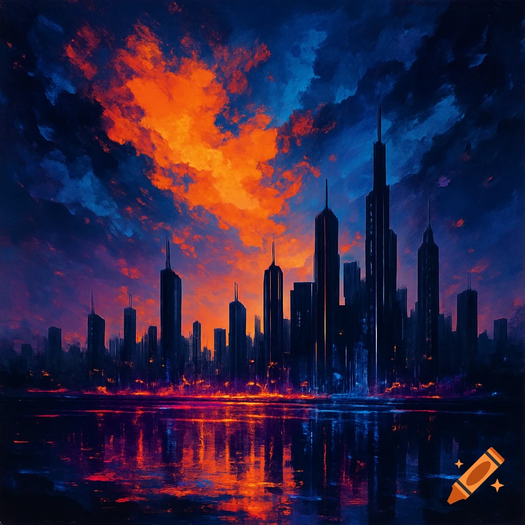 Stylized painting of a city skyline at sunset with silhouetted skyscrapers reflected in water under an orange and blue sky.